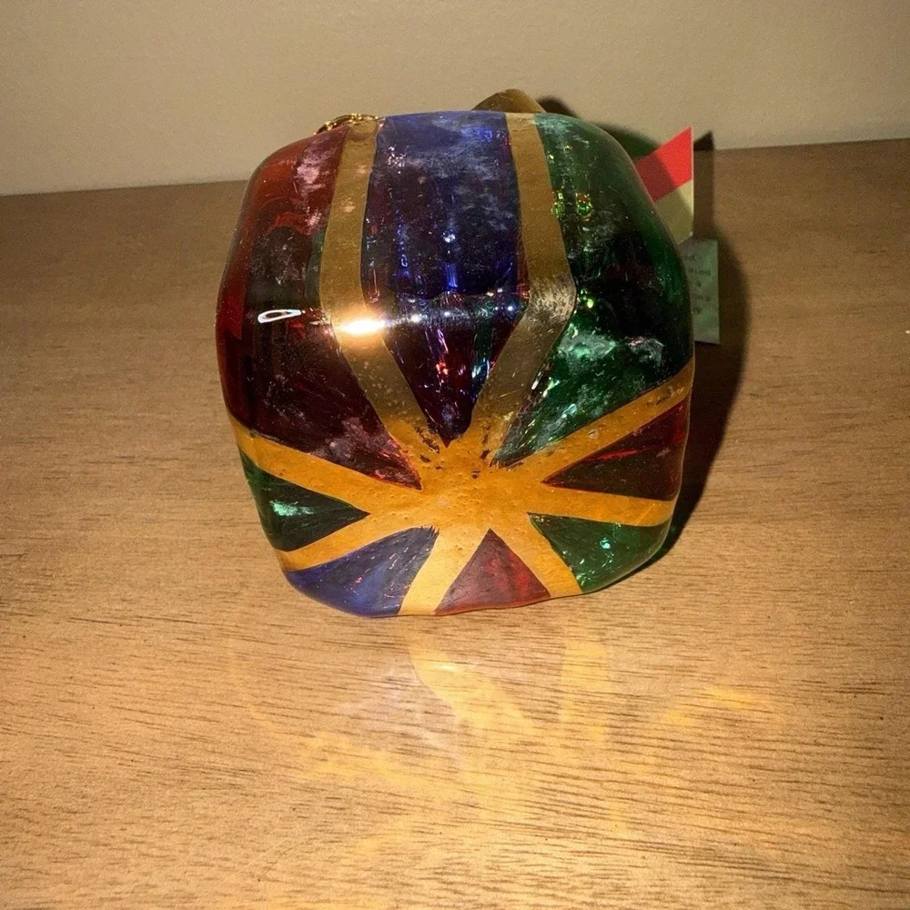 Lord & Taylor Glass Christmas Ornament Gift Box Gold Bow Made in Italy NWT